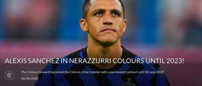 官方:桑切斯自由转会加盟国米,双方签约至2023年