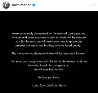 单向乐队成员悼念利亚姆·佩恩:我们会非常想念他