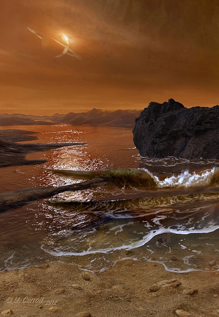 在这幅艺术家插图中,土卫六的碳氢化合物海洋海浪拍打海滩,这些碳氢化合物有助于土卫六形成更加复杂的分子。