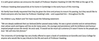 ​斯蒂芬·霍金去世，被誉为爱因斯坦后最伟大的物理学家