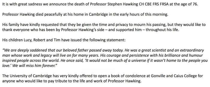 斯蒂芬·霍金去世，被誉为爱因斯坦后最伟大的物理学家
