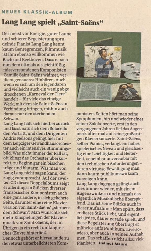 钢琴大师郎朗新专辑《郎朗:圣-桑》备受国际赞誉